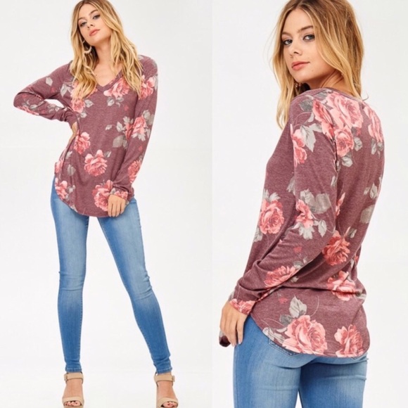 Floral V-Neck Long Sleeve Top - Picture 1 of 2